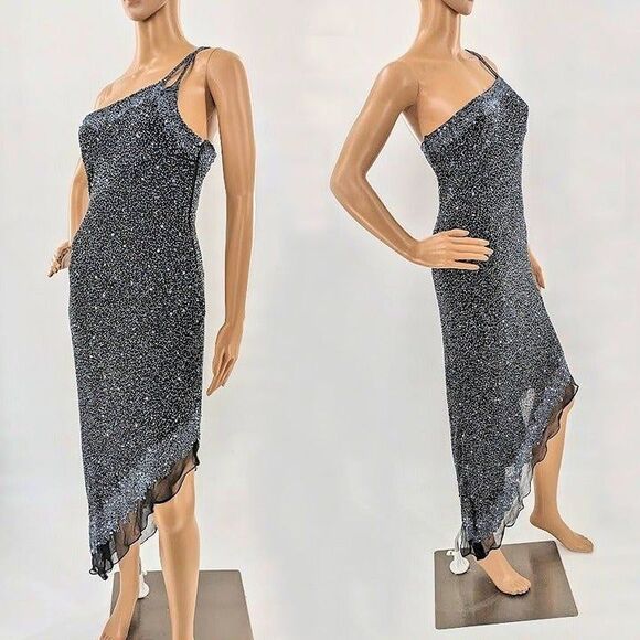 Vintage 90s Scala Silk Gown Black Beaded Sequins Off Shoulder Siren Size M - Picture 4 of 13